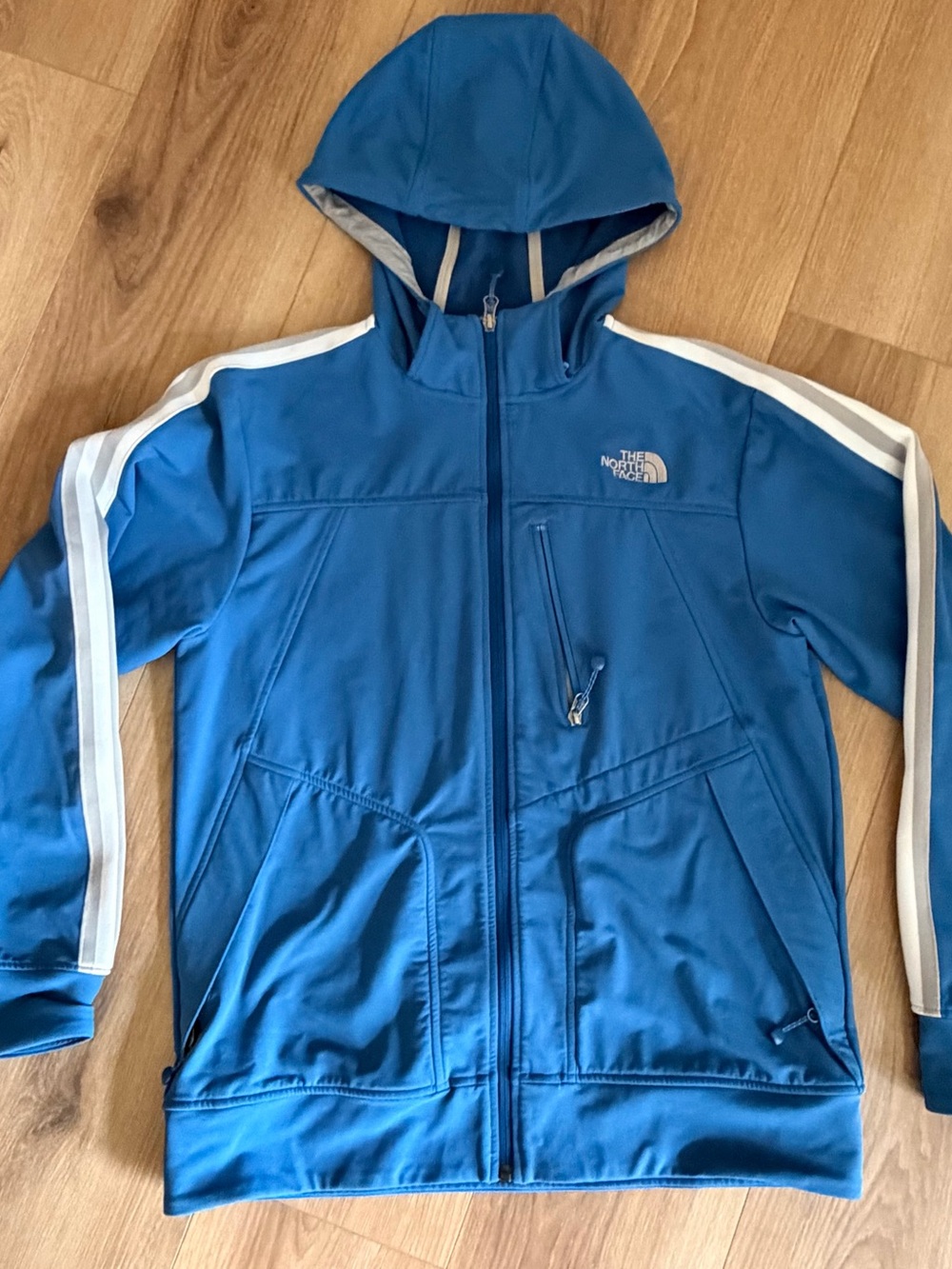 The North Face Boys' Blue Hooded Jacket with White Stripes
